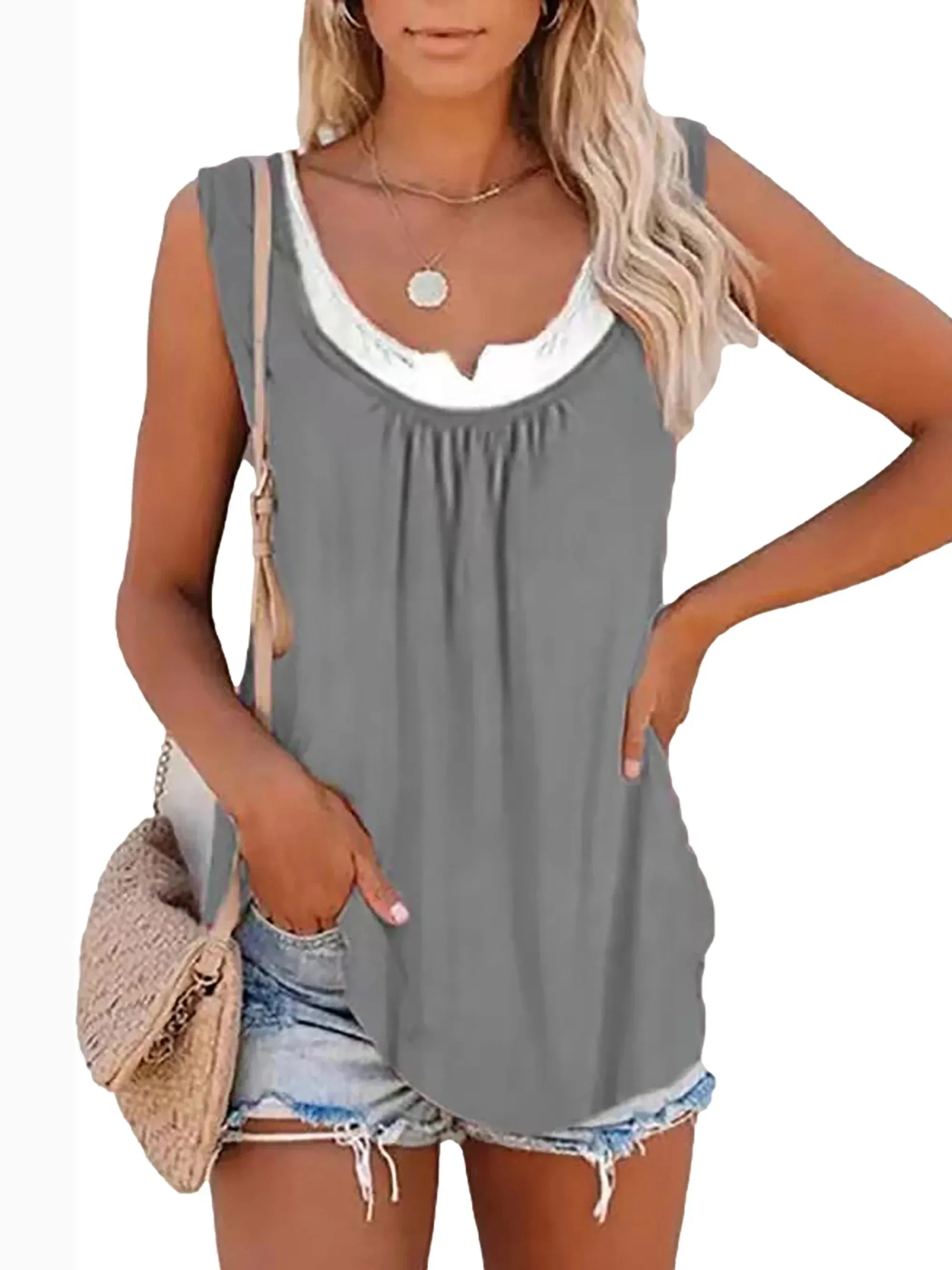 Womens blouse solid color patchwork sleeveless pleated vest T-shirt