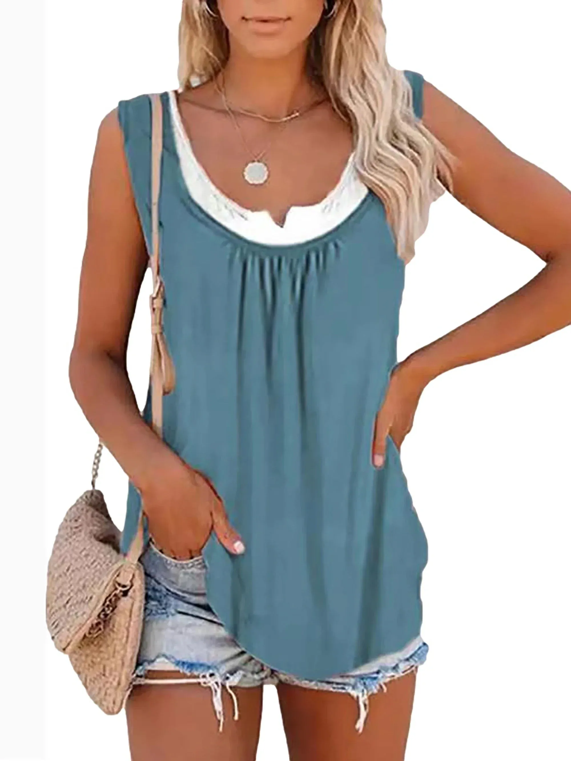 Womens blouse solid color patchwork sleeveless pleated vest T-shirt