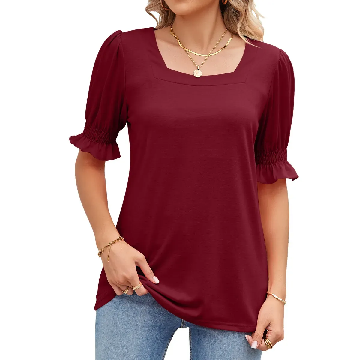 Women’s Casual Solid Color Square Neck Pleated Sleeve T-Shirt