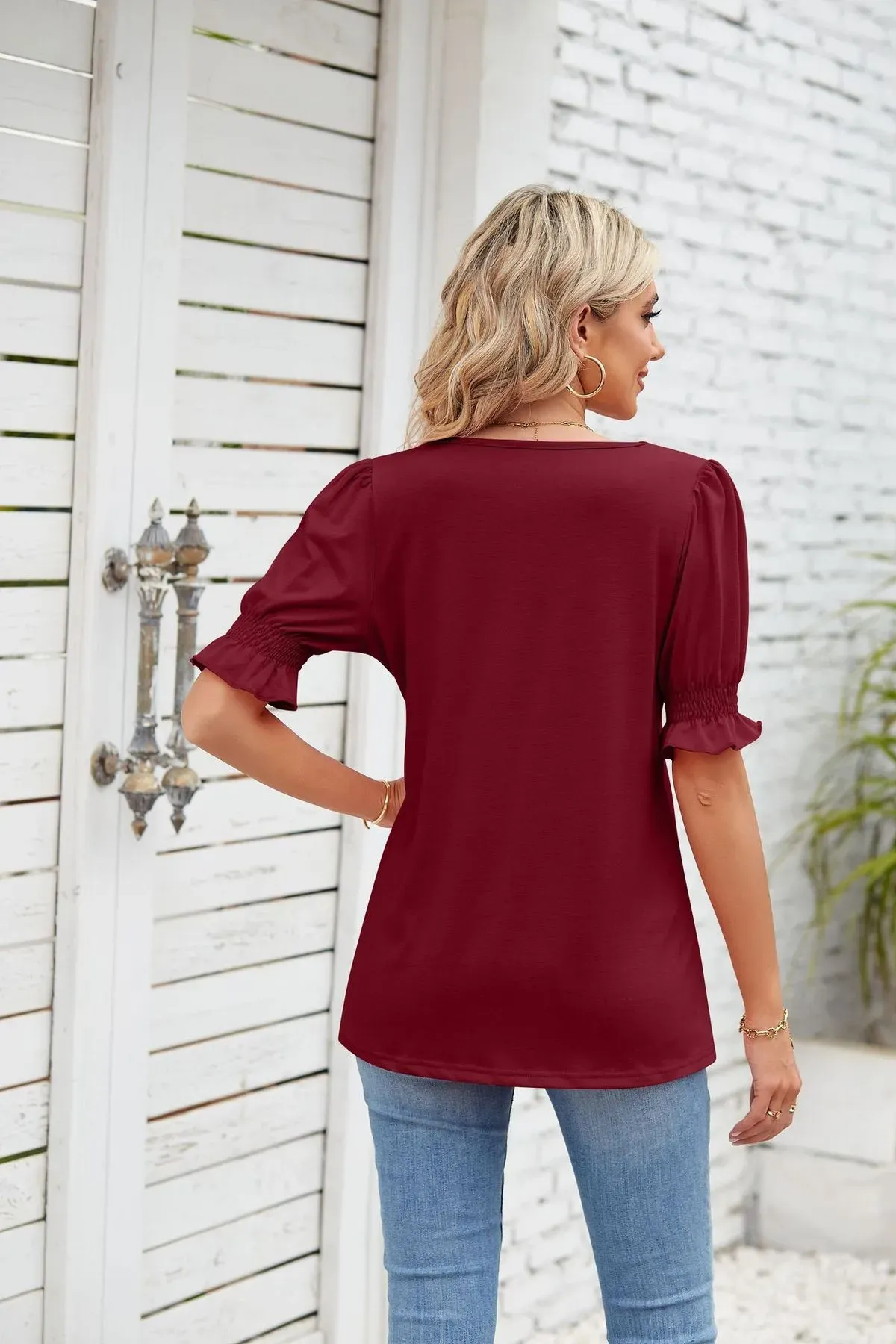 Women’s Casual Solid Color Square Neck Pleated Sleeve T-Shirt