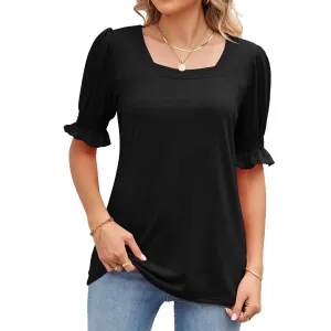 Women’s Casual Solid Color Square Neck Pleated Sleeve T-Shirt