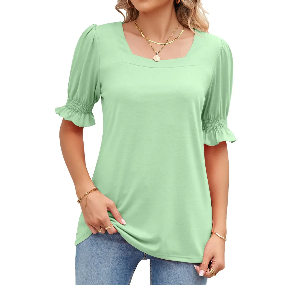 Women’s Casual Solid Color Square Neck Pleated Sleeve T-Shirt