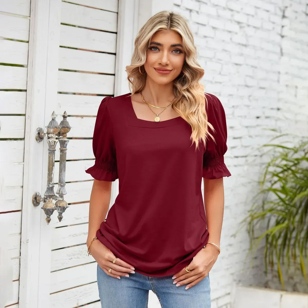 Women’s Casual Solid Color Square Neck Pleated Sleeve T-Shirt