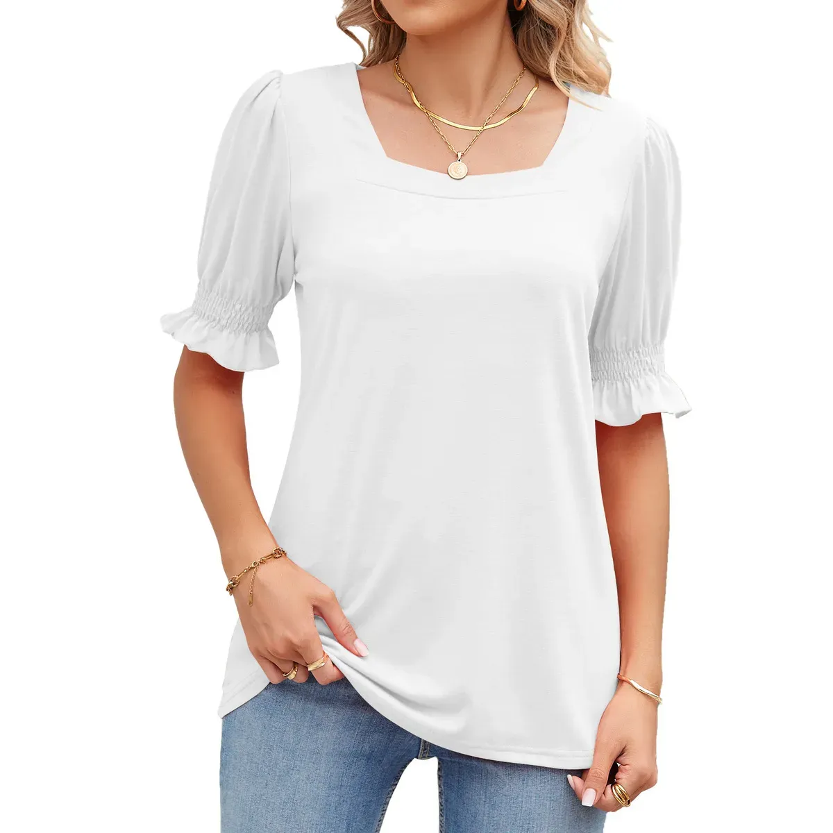 Women’s Casual Solid Color Square Neck Pleated Sleeve T-Shirt