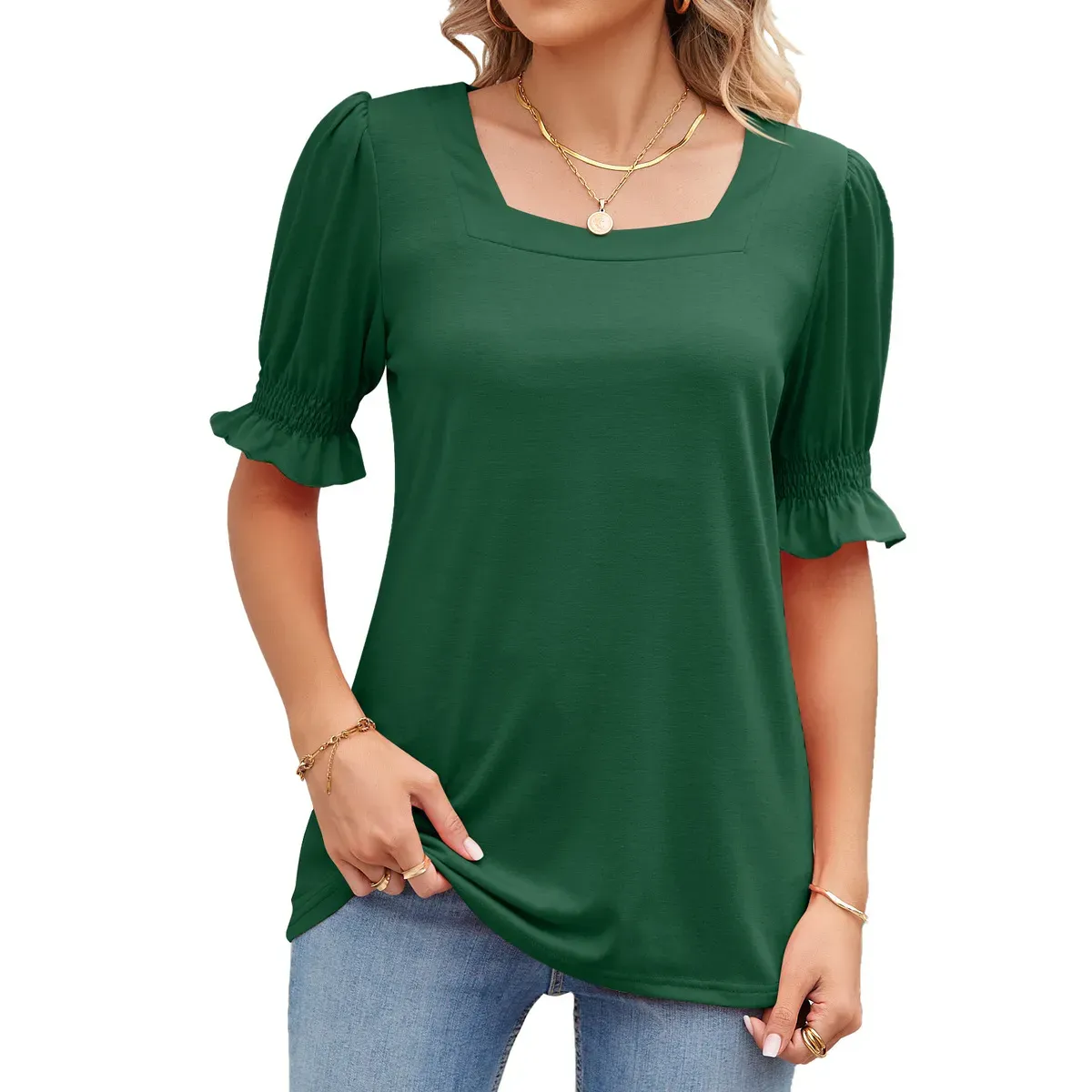 Women’s Casual Solid Color Square Neck Pleated Sleeve T-Shirt