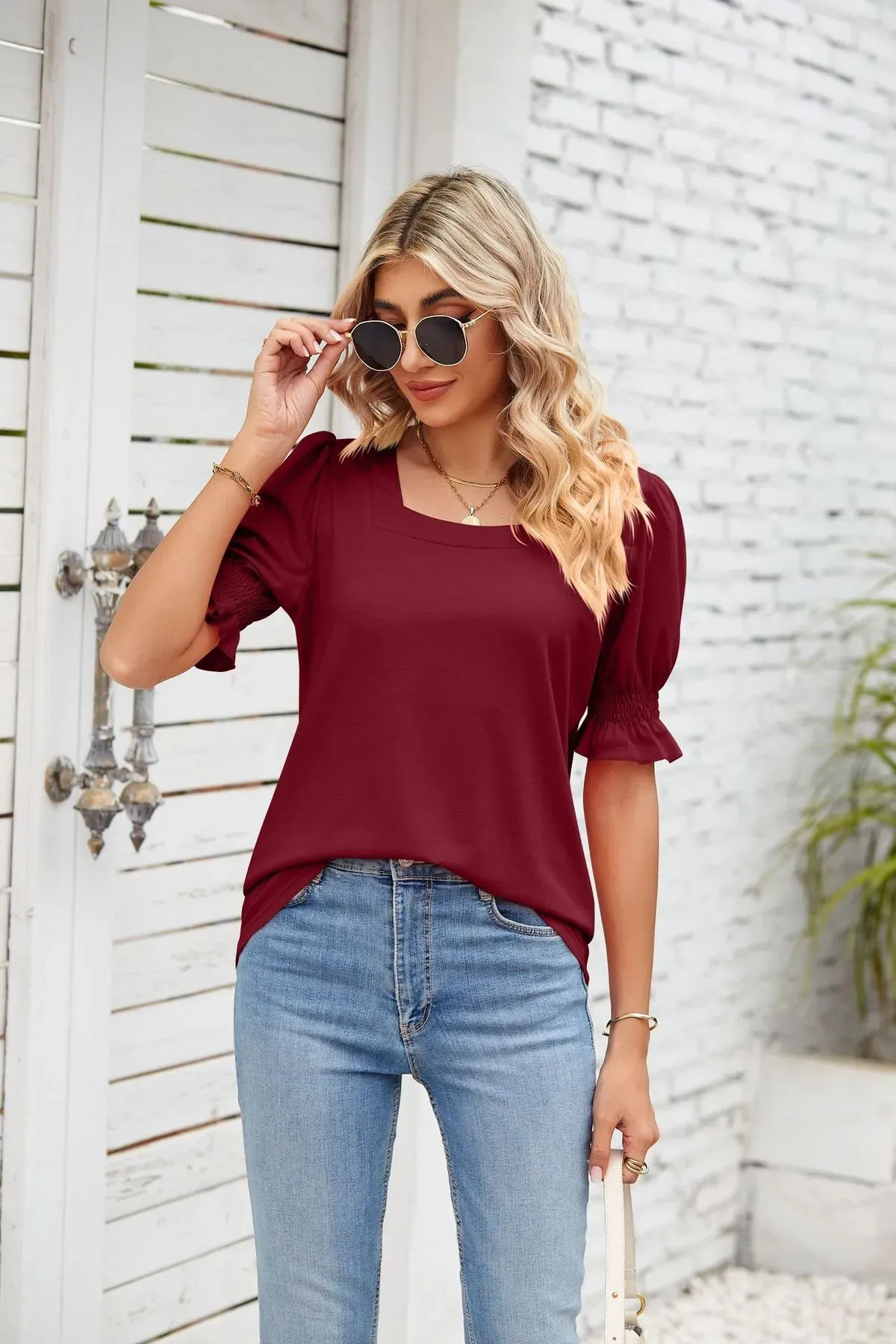 Women’s Casual Solid Color Square Neck Pleated Sleeve T-Shirt