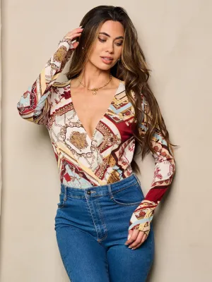 WOMEN'S LONG SLEEVE SURPLICE MULTI PRINT BODYSUIT