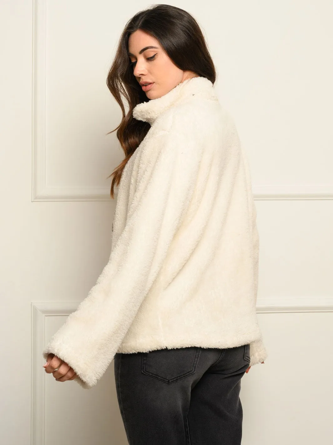 WOMEN'S LONG SLEEVE ZIP UP COLLAR FUZZY COAT JACKET