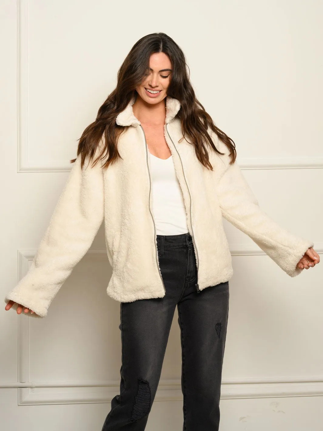 WOMEN'S LONG SLEEVE ZIP UP COLLAR FUZZY COAT JACKET