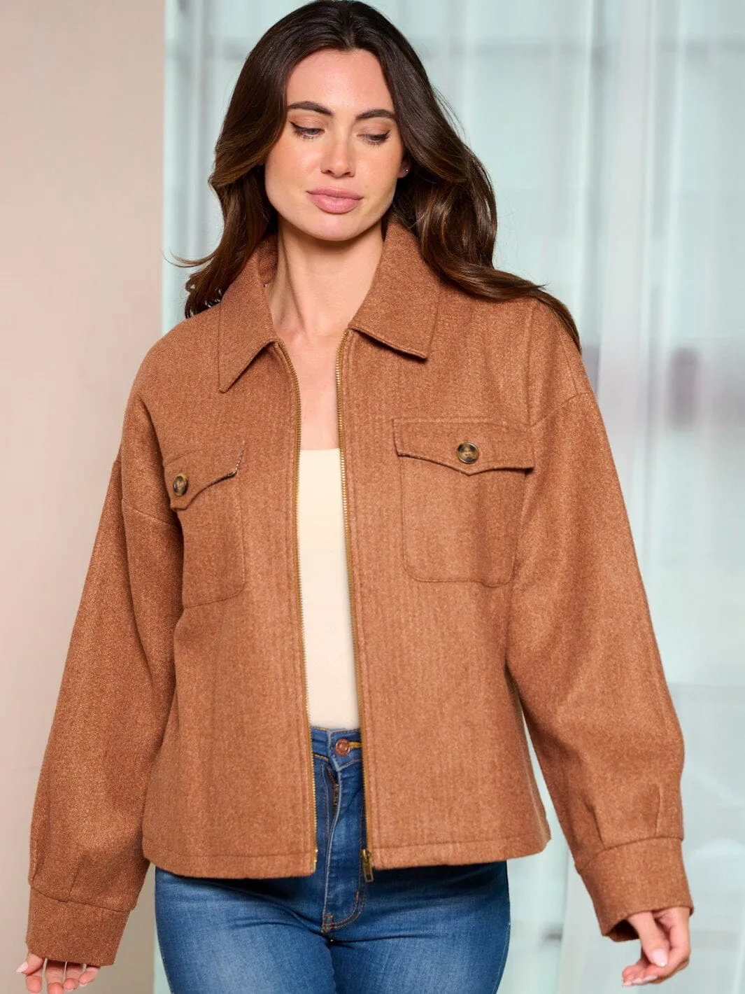 WOMEN'S LONG SLEEVE ZIP UP FRONT POCKETS JACKET