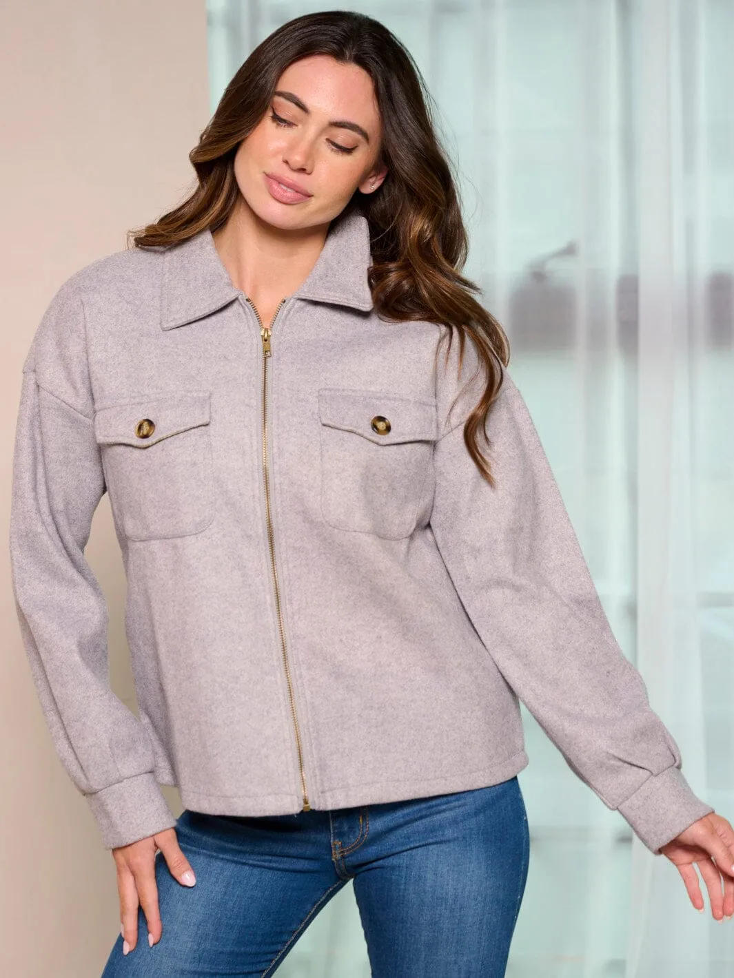 WOMEN'S LONG SLEEVE ZIP UP FRONT POCKETS JACKET