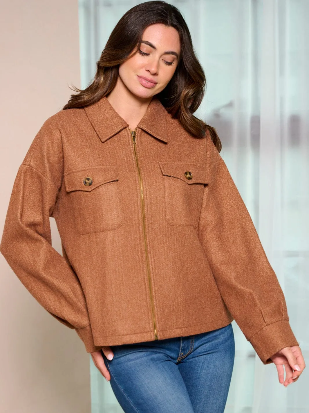 WOMEN'S LONG SLEEVE ZIP UP FRONT POCKETS JACKET