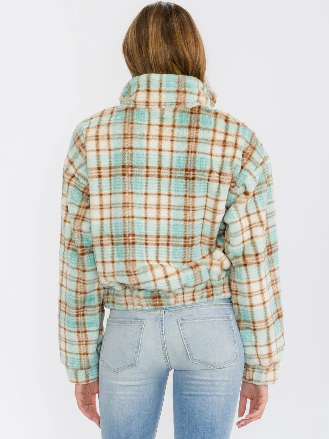 WOMEN'S LONG SLEEVE ZIP UP FRONT POCKETS PLAID FUZZY JACKET