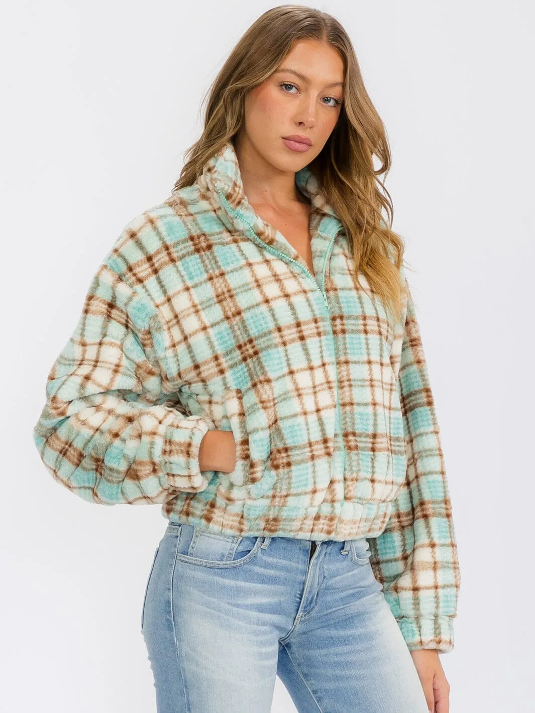 WOMEN'S LONG SLEEVE ZIP UP FRONT POCKETS PLAID FUZZY JACKET