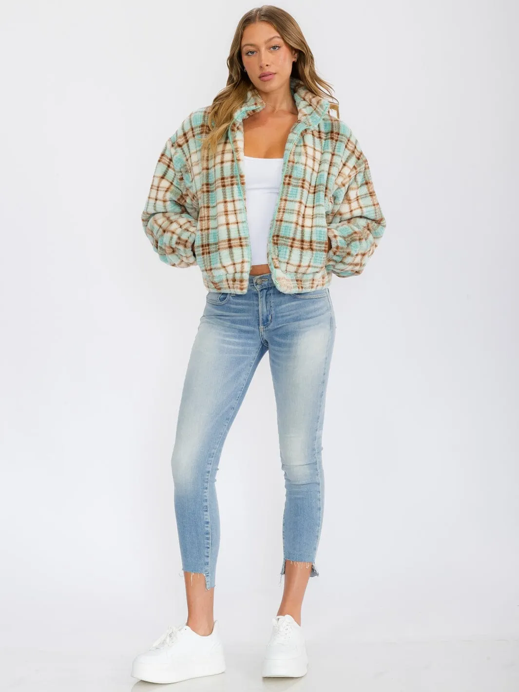WOMEN'S LONG SLEEVE ZIP UP FRONT POCKETS PLAID FUZZY JACKET