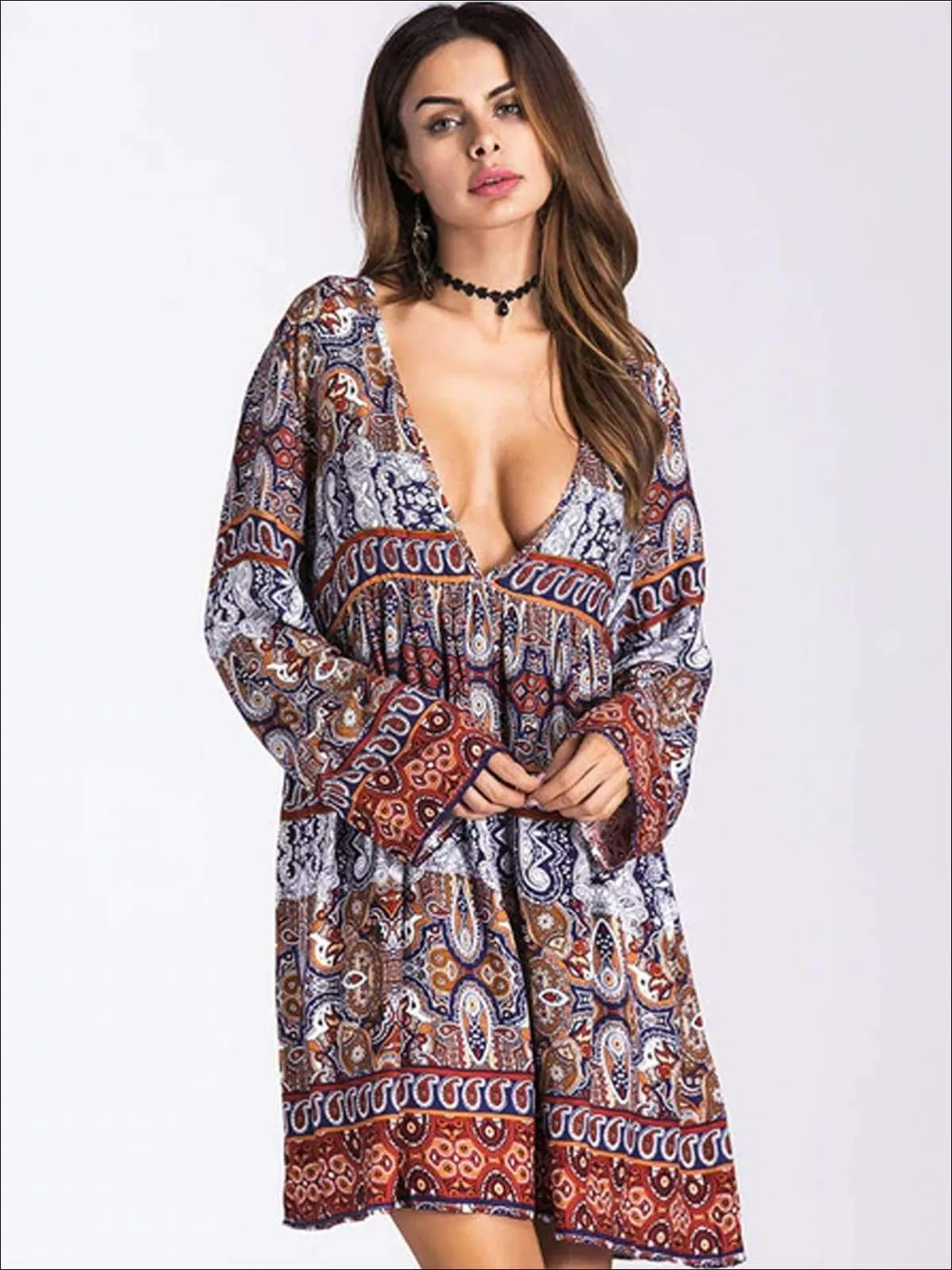 Women's Plunge Neckline Loose Boho Dress
