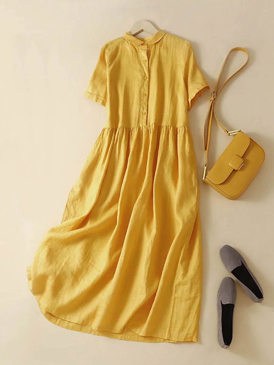 Women's Short Sleeve Casual Pocket Cotton and Linen Dress