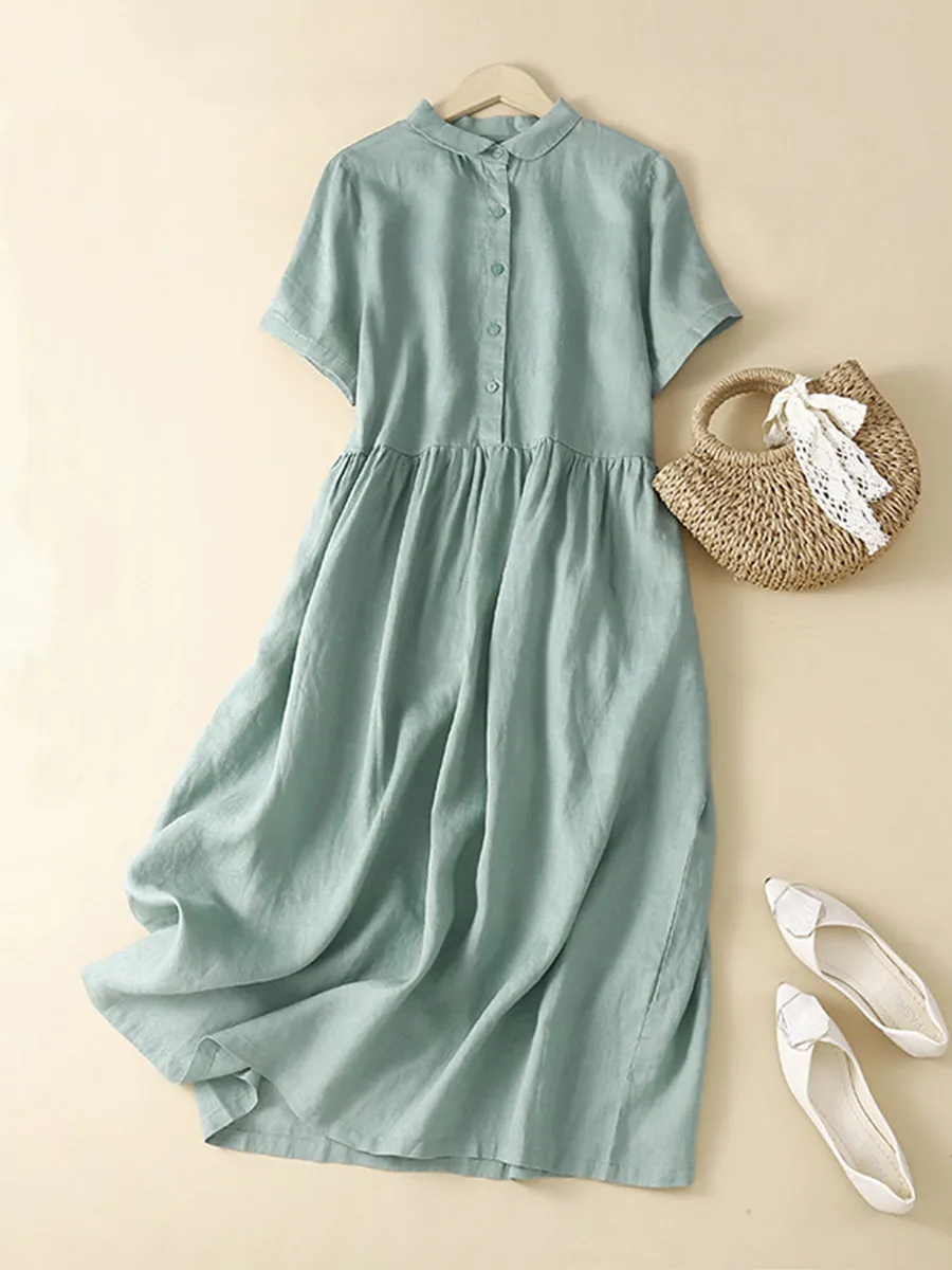 Women's Short Sleeve Casual Pocket Cotton and Linen Dress