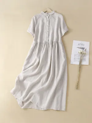 Women's Short Sleeve Casual Pocket Cotton and Linen Dress