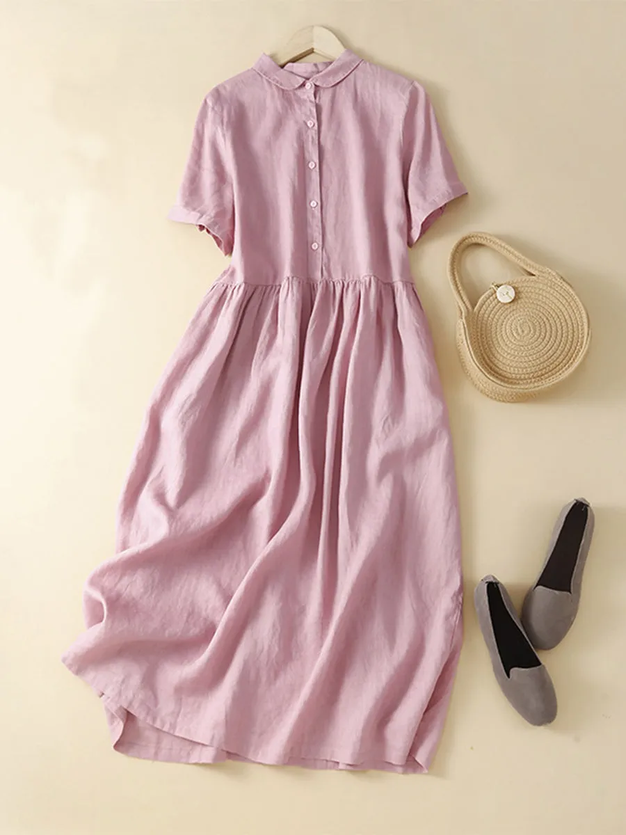 Women's Short Sleeve Casual Pocket Cotton and Linen Dress