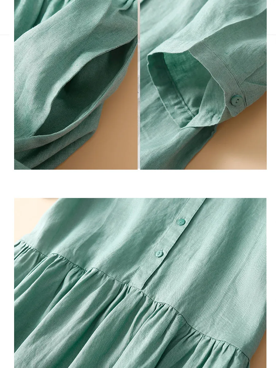 Women's Short Sleeve Casual Pocket Cotton and Linen Dress