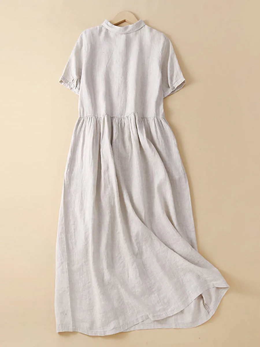 Women's Short Sleeve Casual Pocket Cotton and Linen Dress