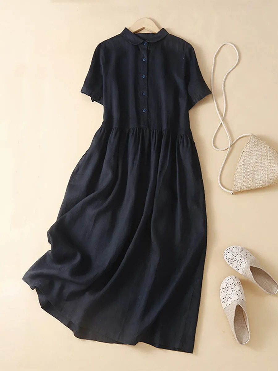 Women's Short Sleeve Casual Pocket Cotton and Linen Dress