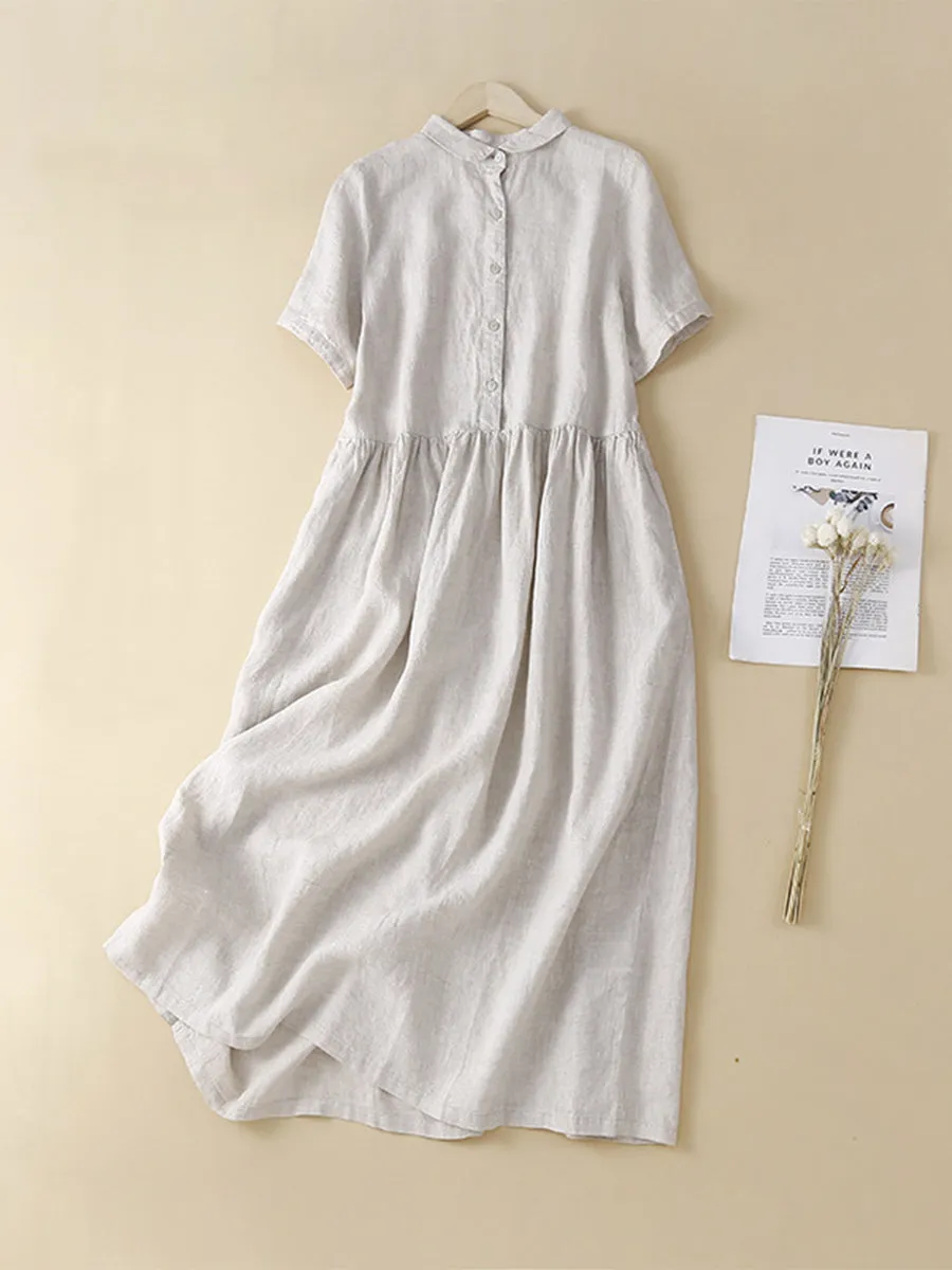 Women's Short Sleeve Casual Pocket Cotton and Linen Dress