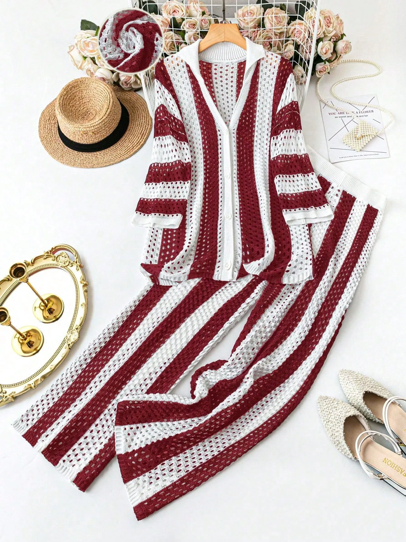 Women's Striped Sweater and Straight Leg Pants Set - Plus Size