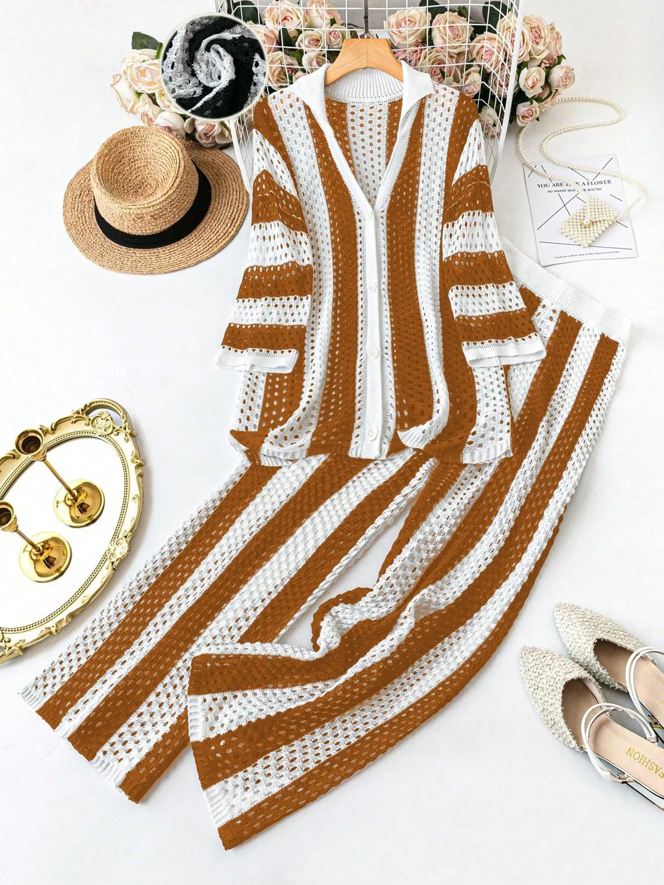 Women's Striped Sweater and Straight Leg Pants Set - Plus Size