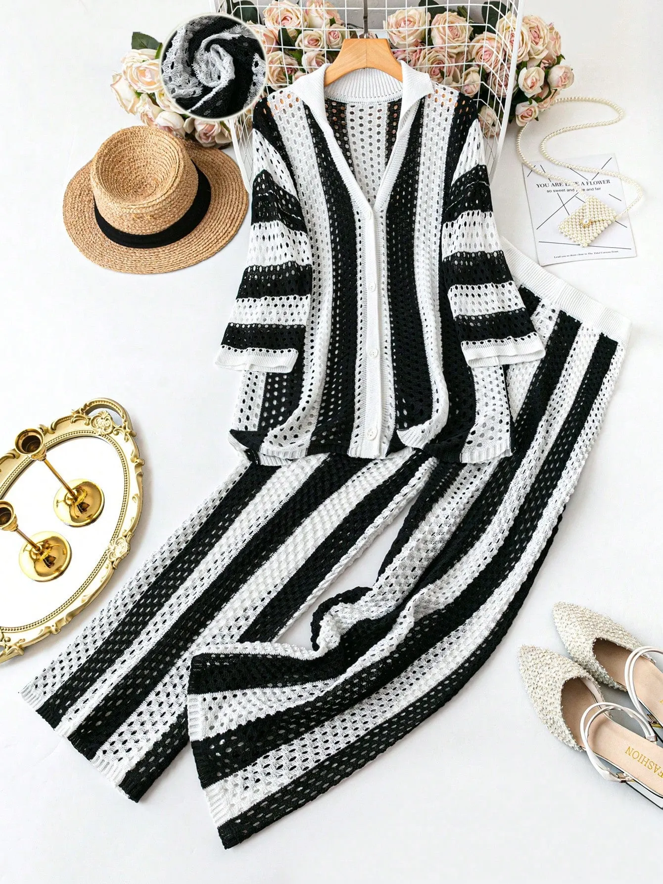 Women's Striped Sweater and Straight Leg Pants Set - Plus Size