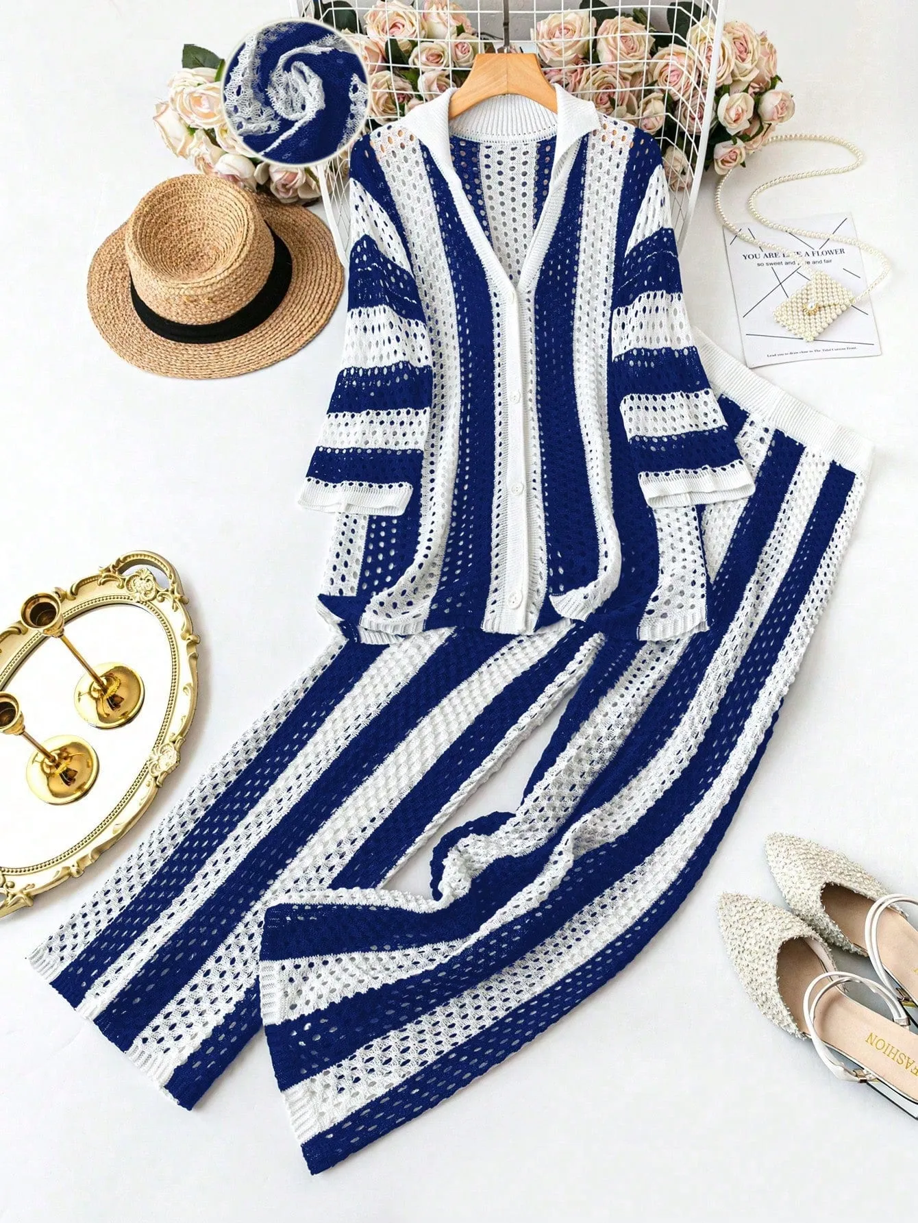Women's Striped Sweater and Straight Leg Pants Set - Plus Size
