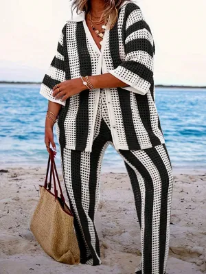 Women's Striped Sweater and Straight Leg Pants Set - Plus Size