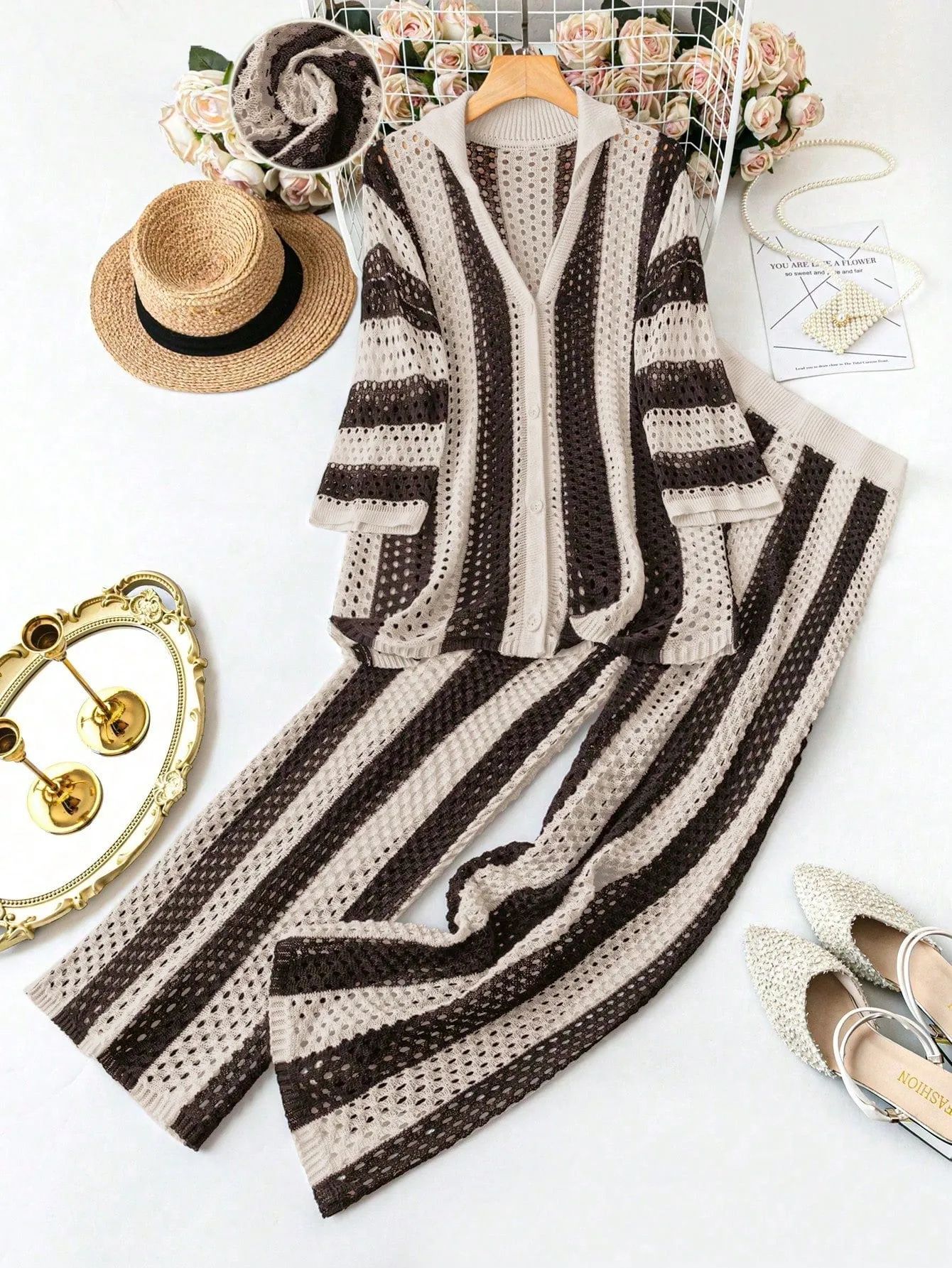 Women's Striped Sweater and Straight Leg Pants Set - Plus Size