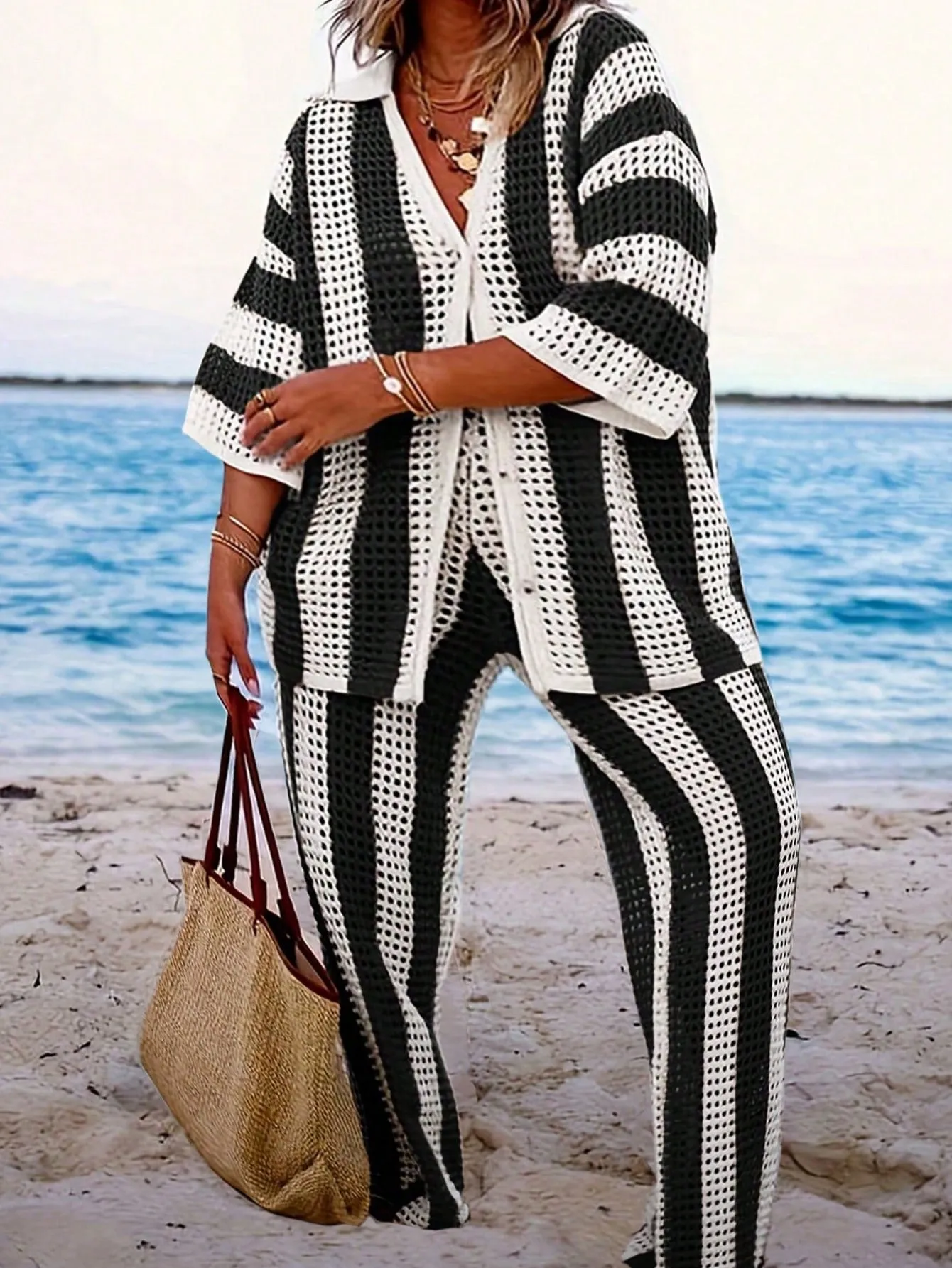 Women's Striped Sweater and Straight Leg Pants Set - Plus Size