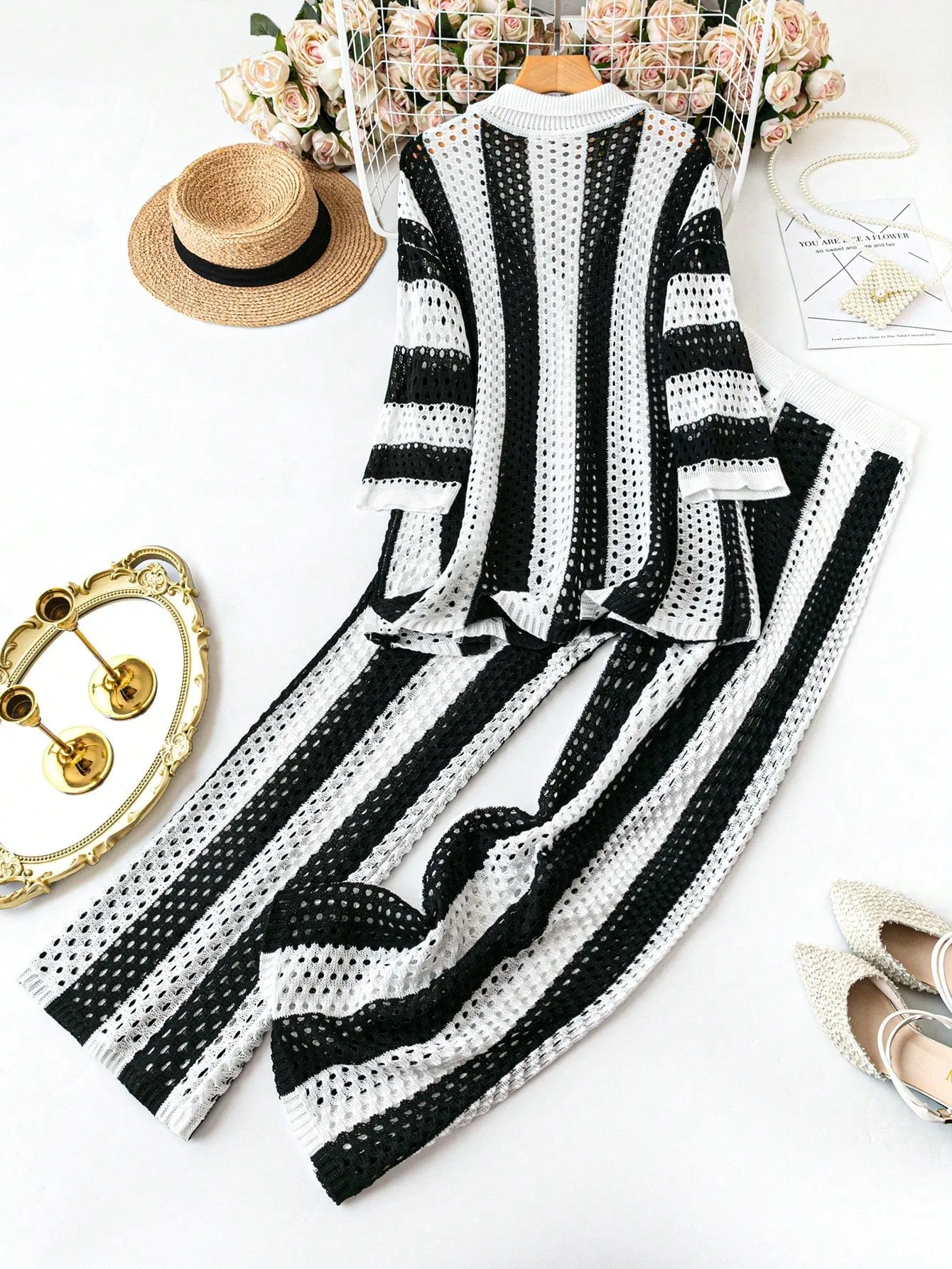 Women's Striped Sweater and Straight Leg Pants Set - Plus Size