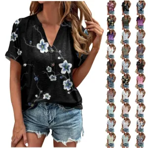 Womens Tops Trendy Plus Size Tops Cute Summer Tops Womens Summer Tops Floral Short Sleeve V Neck Blouses for Women Dressy Casual Loose Shirts Womens Fashion Tops 01 Black Small