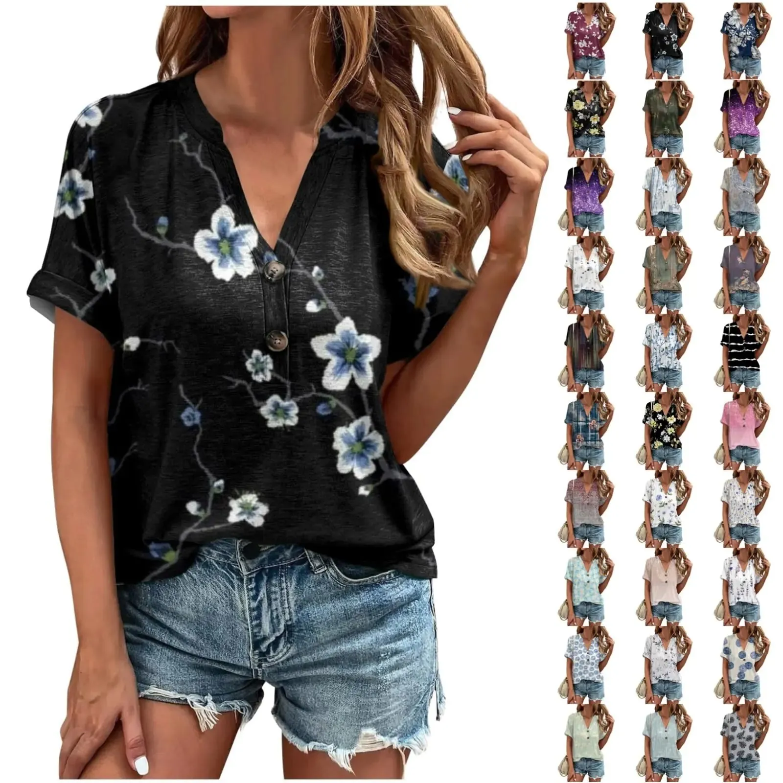 Womens Tops Trendy Plus Size Tops Cute Summer Tops Womens Summer Tops Floral Short Sleeve V Neck Blouses for Women Dressy Casual Loose Shirts Womens Fashion Tops 01 Black Small