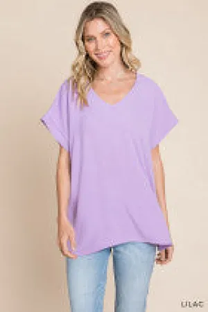 Women's V Neck Cuffed Short Sleeve Top