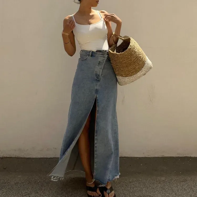 Wrap It Up Slit Front Denim Maxi Skirt