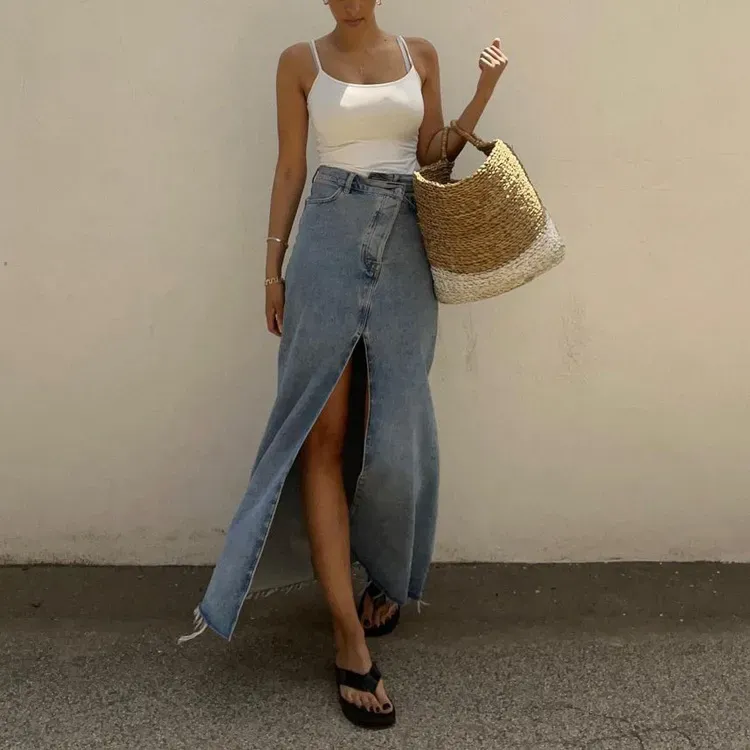 Wrap It Up Slit Front Denim Maxi Skirt