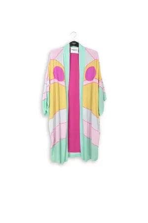 Yellow, pink and light blue kimono with embroideries