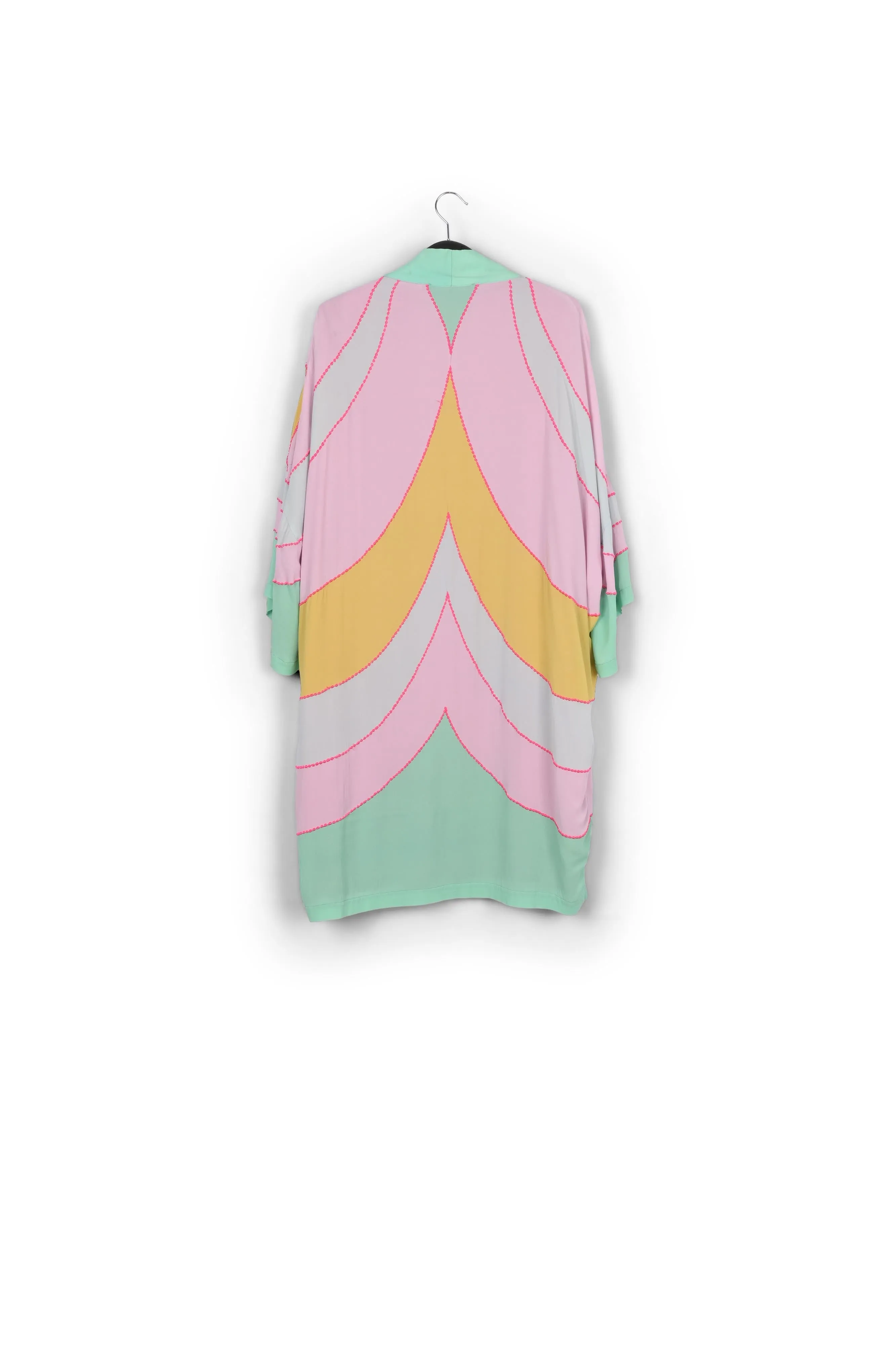 Yellow, pink and light blue kimono with embroideries