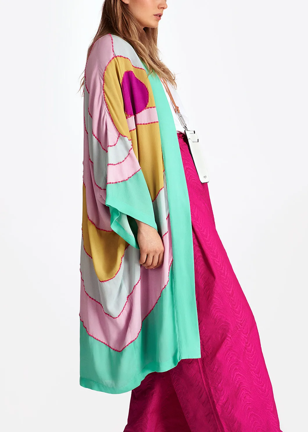 Yellow, pink and light blue kimono with embroideries