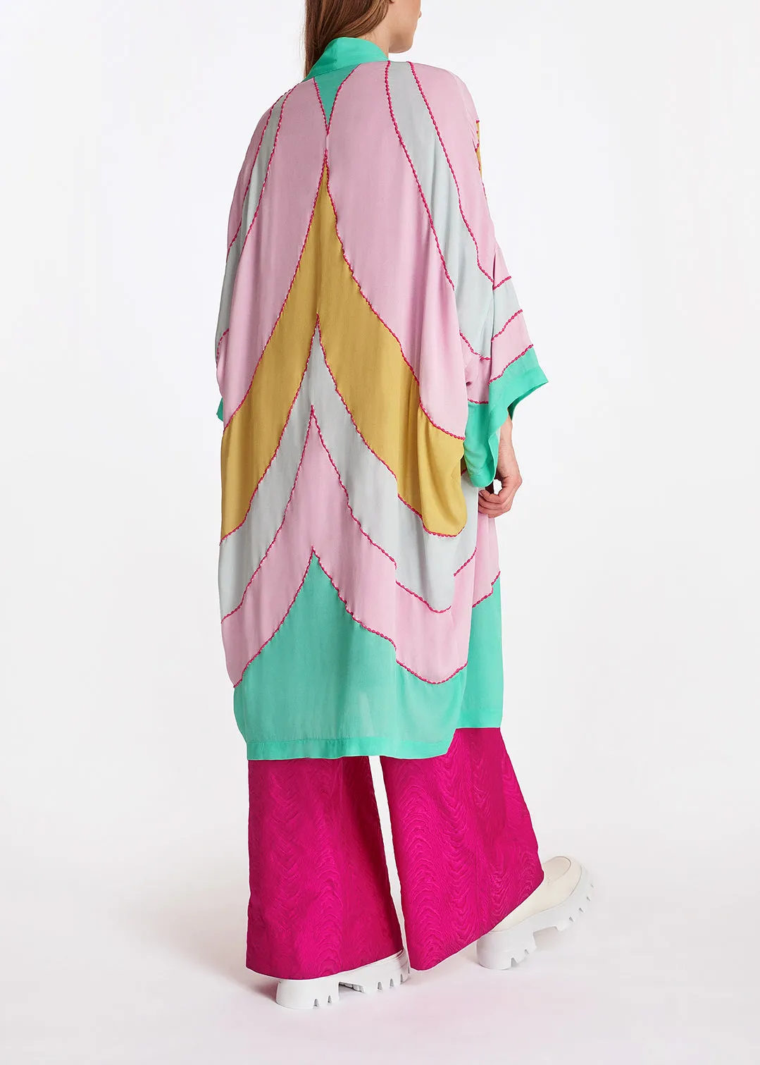 Yellow, pink and light blue kimono with embroideries