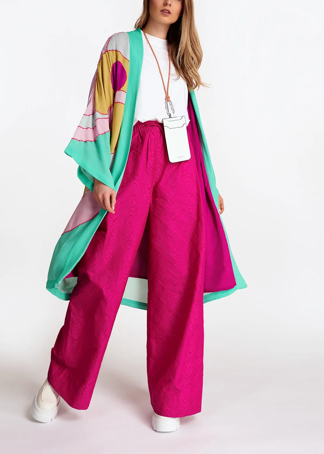 Yellow, pink and light blue kimono with embroideries
