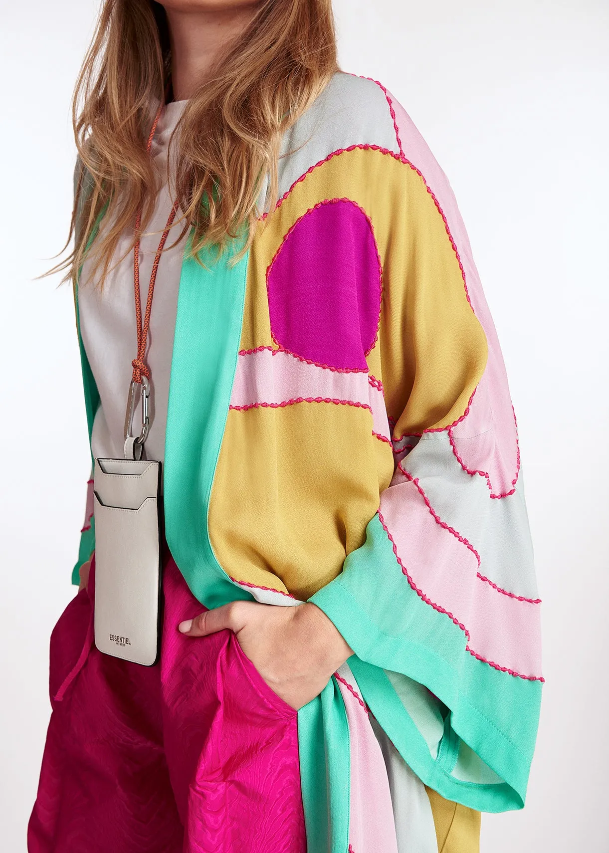 Yellow, pink and light blue kimono with embroideries