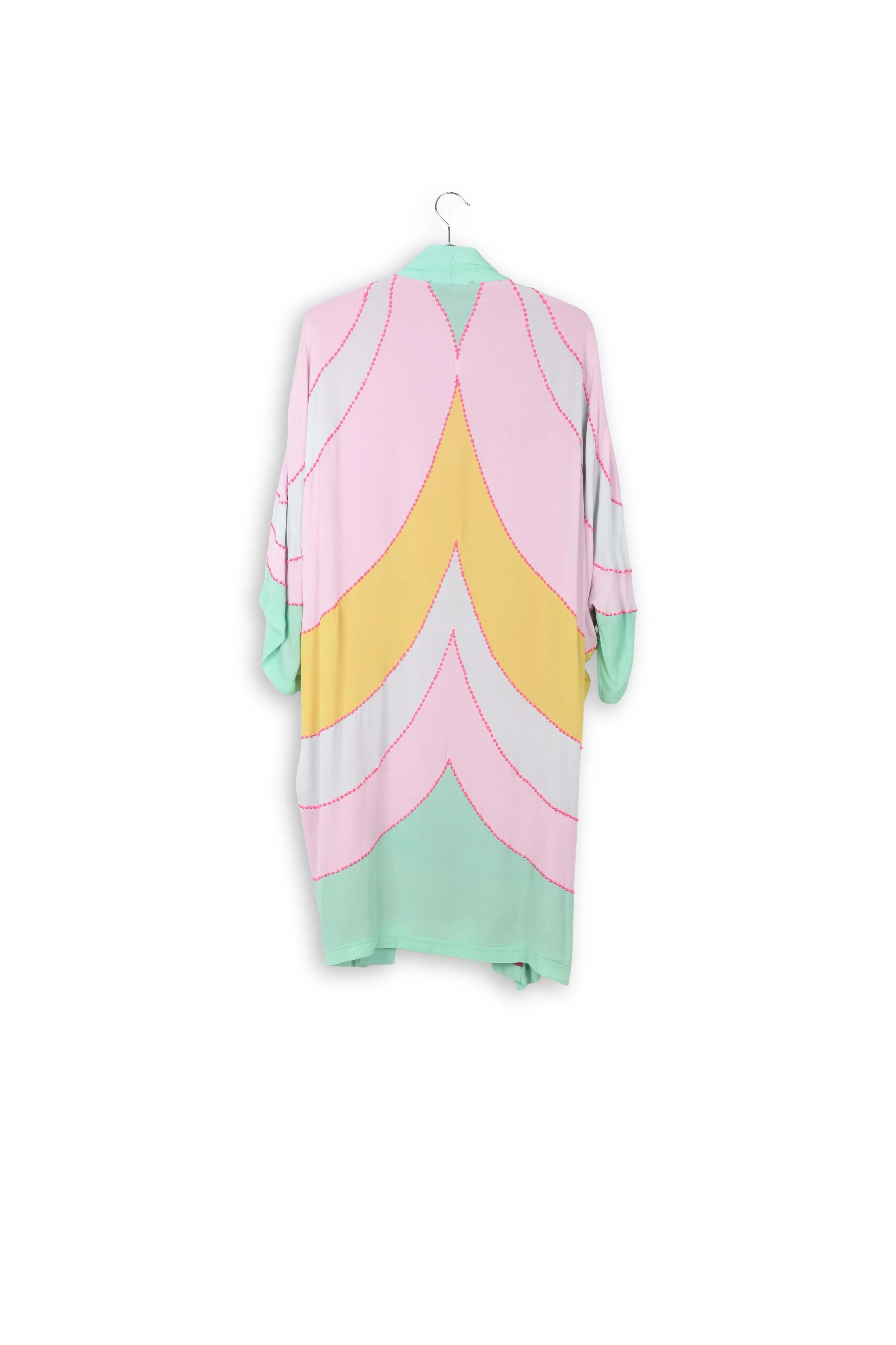 Yellow, pink and light blue kimono with embroideries