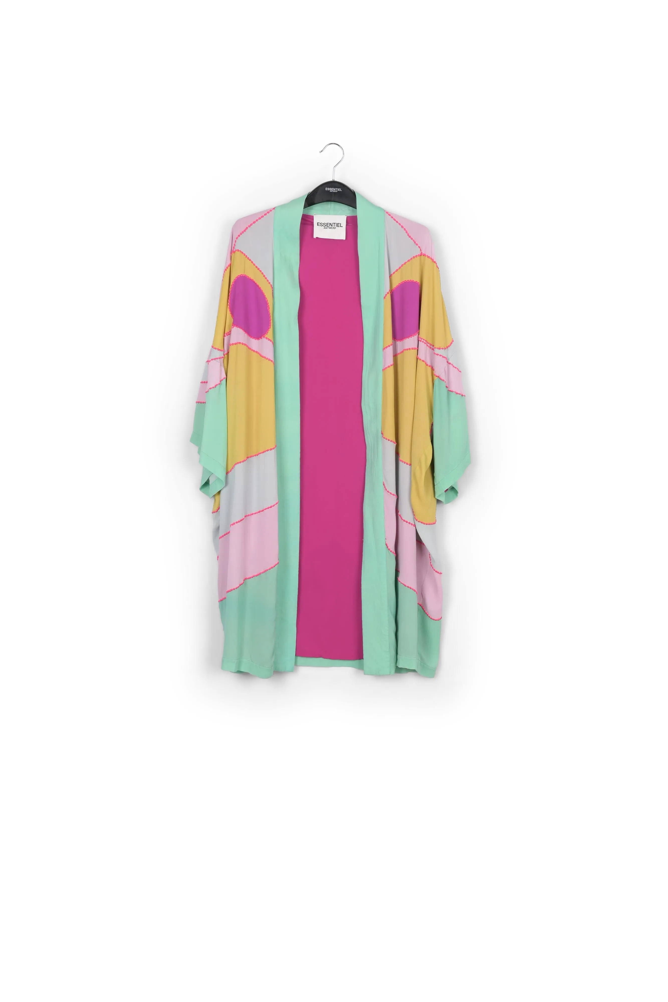 Yellow, pink and light blue kimono with embroideries