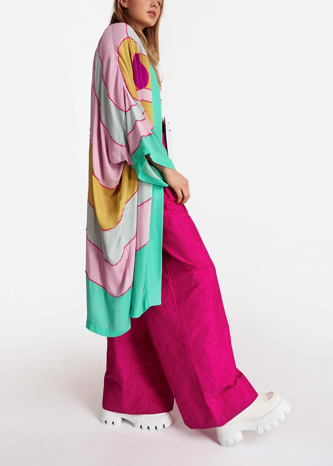 Yellow, pink and light blue kimono with embroideries